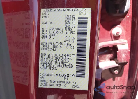 2012 Nissan Armada Sv из США, поврежденный, VIN 5N1AA0NC1CN608049